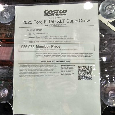 Costco Auto Program pricing example sheet for a 2025 Ford F-150 XLT SuperCrew